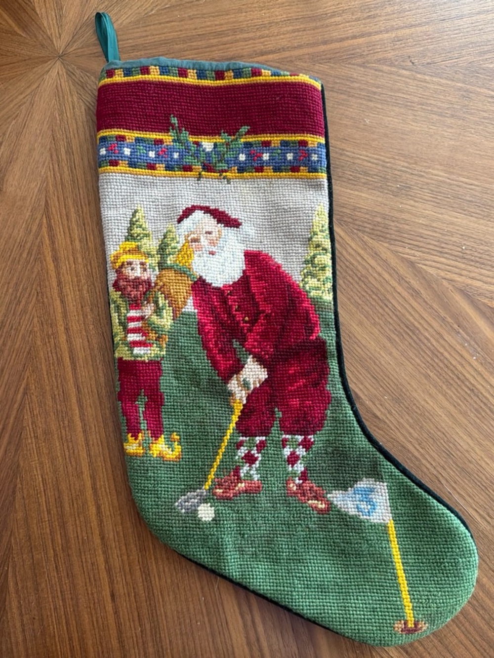 Holiday Golf Santa Needlepoint Christmas Stocking in Red and Green